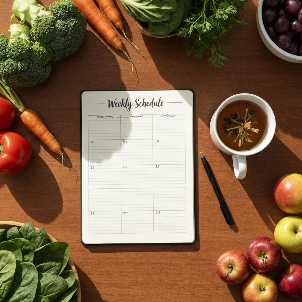 Notizbuch mit Wochenplan und Lebensmitteln